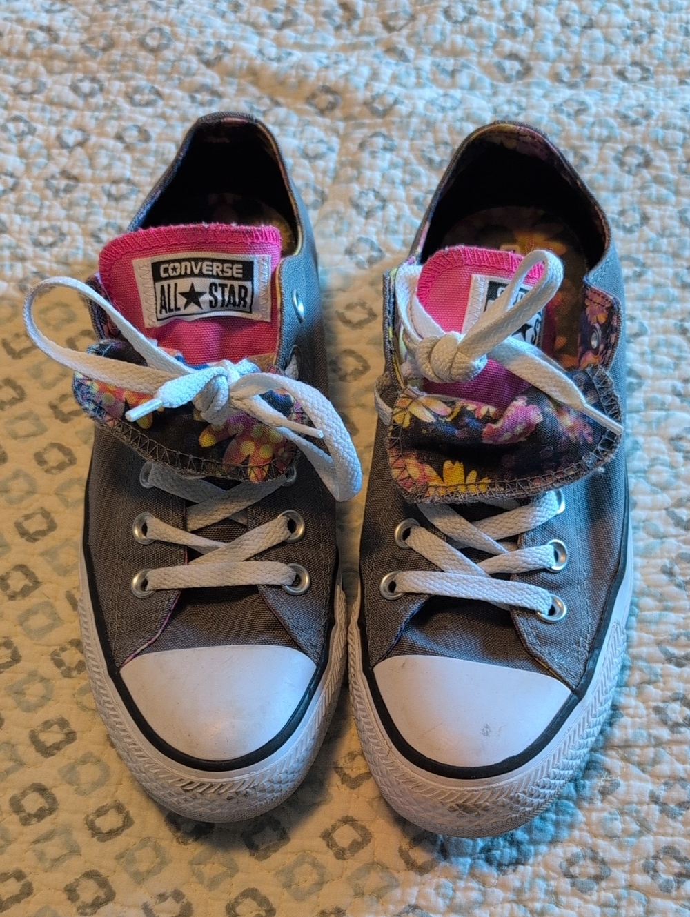 Converse All Star Low Top Sneakers - Gray with Pink Floral Accents